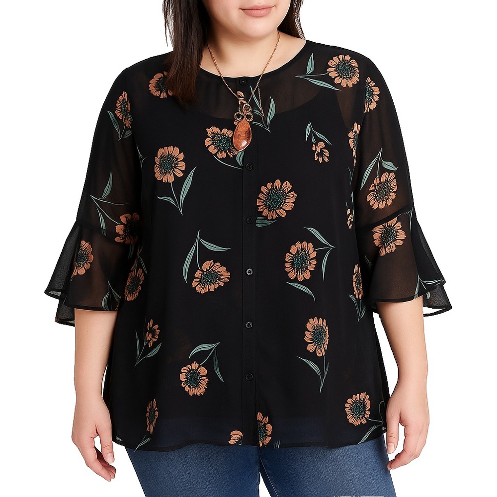 Cabi Womens Black Sheer Floral Blouse L Ruffle‎ Sleeve Button Front Top Romantic